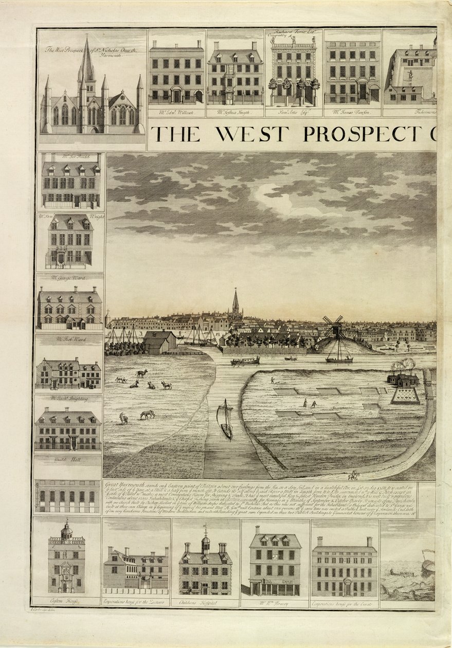 The West Prospect of the Town of Great Yarmouth i Norfolk, graverad av John Harris (fl.1686-1740) (se även 241067,241068) av J. Corbridge