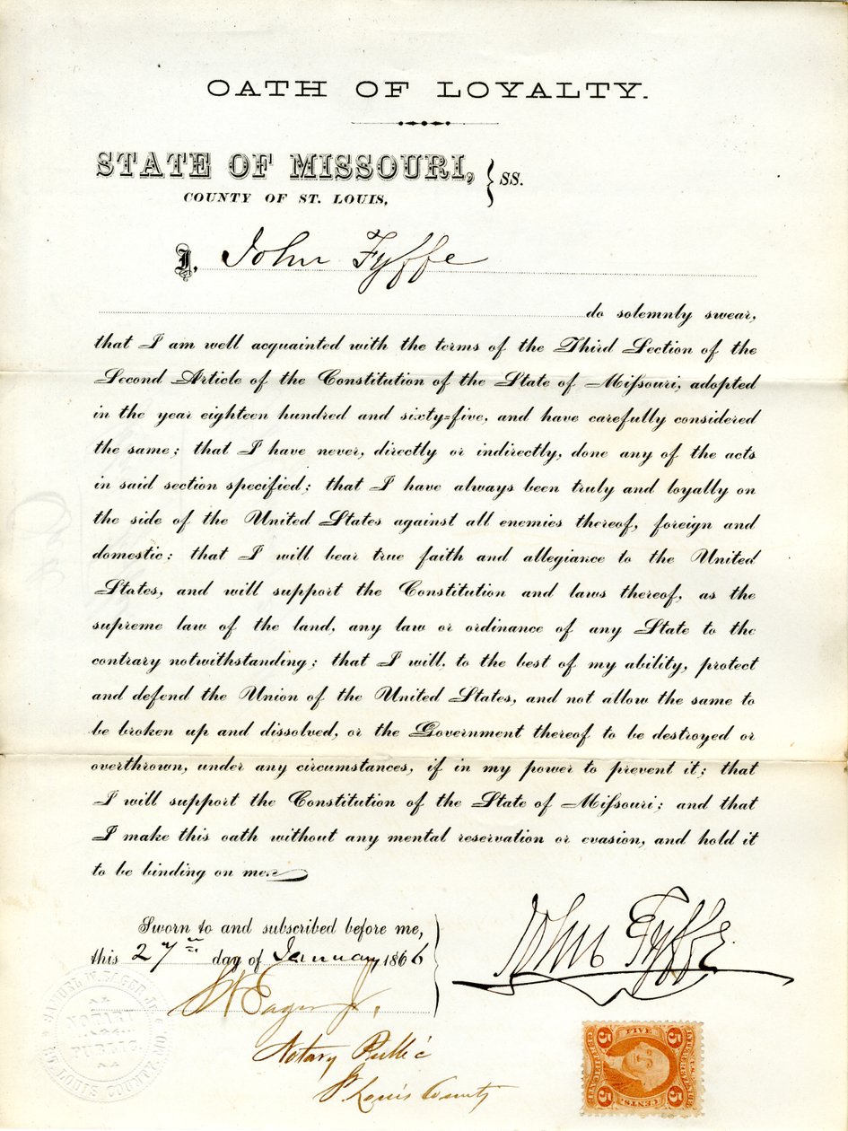 Swears oath of allegiance to the Government of the United States and the State of Missouri av J. Fyffe
