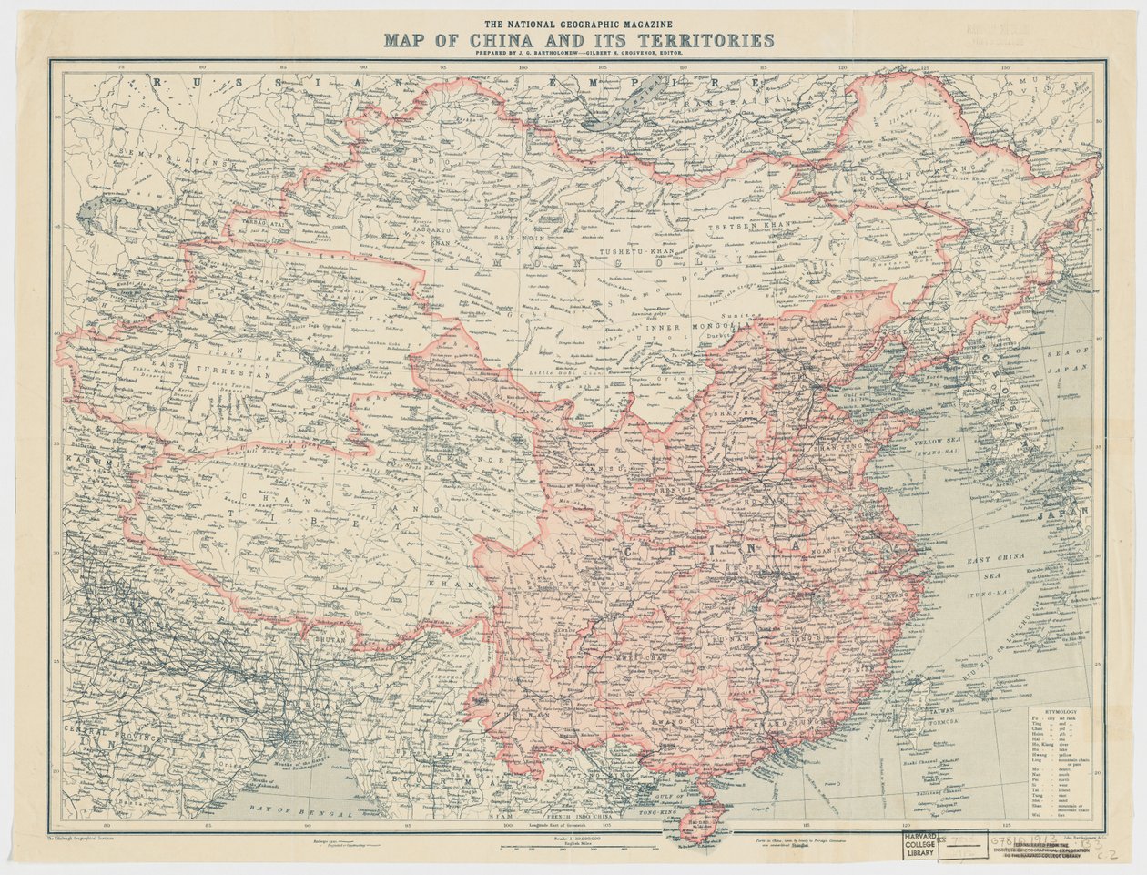 National Geographic Magazines karta över Kina och dess territorier av J. G. Bartholomew