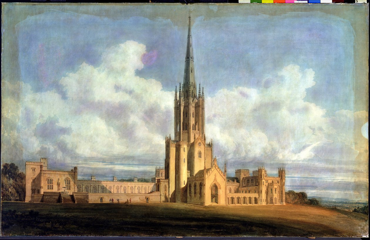 Projekterad design för Fonthill Abbey, Wiltshire, 1798 (wc på vävt papper med linne) av Joseph Mallord William Turner