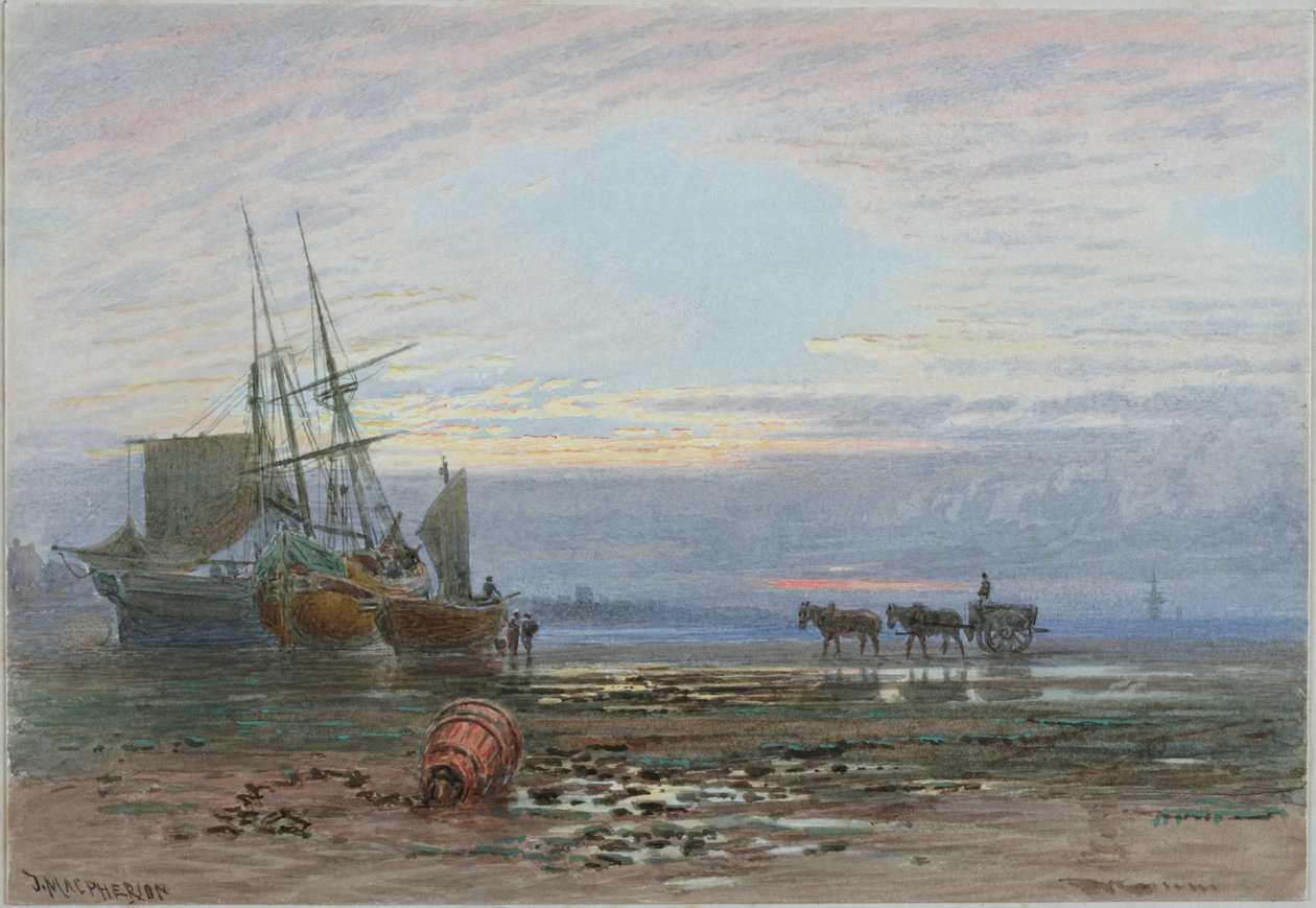 Shore Scene - Sunset (penna och wc på papper (klistrad på kort)) av J. MacPherson