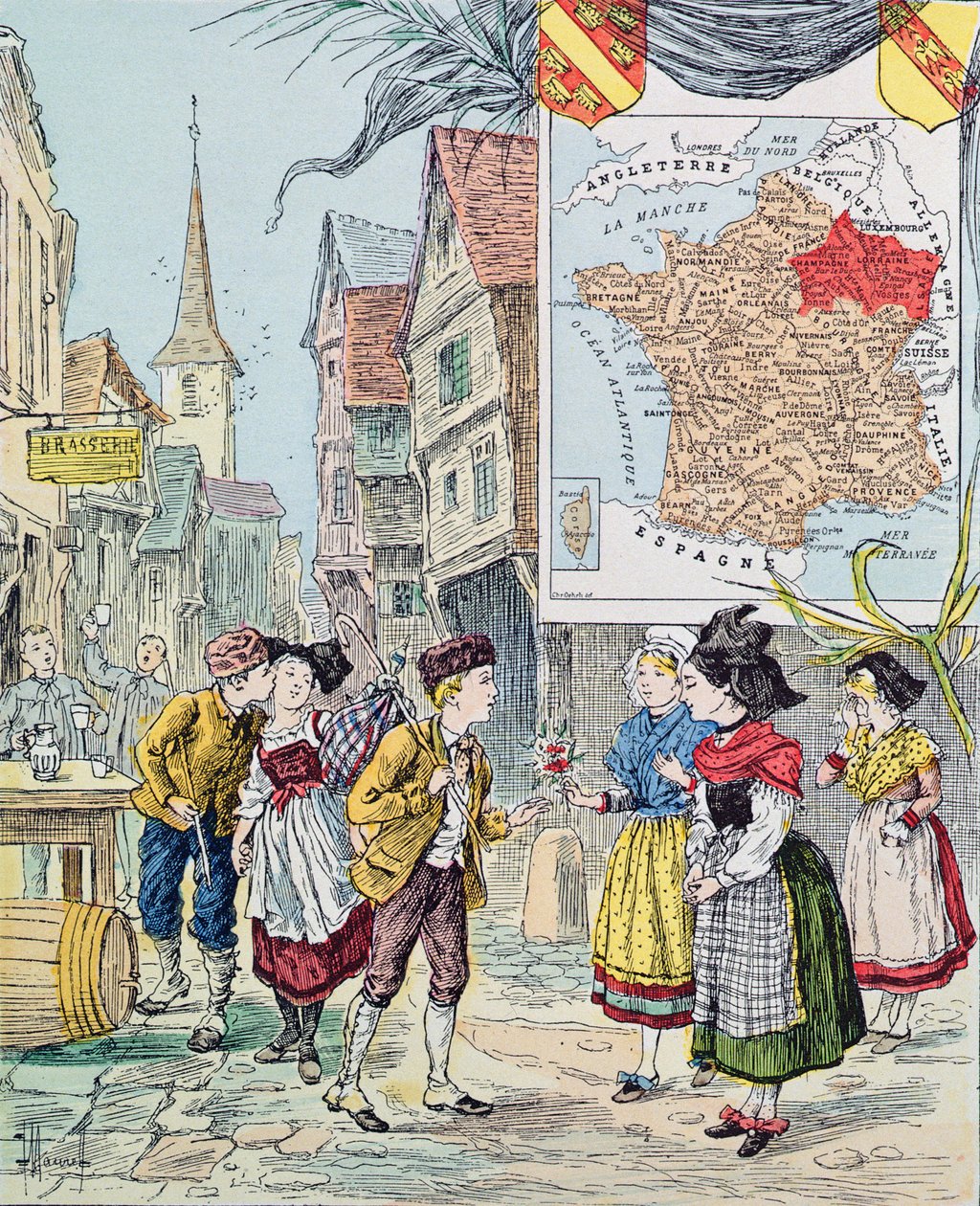 Alsace-Lorraine, illustration för Le Tour de France av Marie de Grandmaison, 1893 av J. Maurel