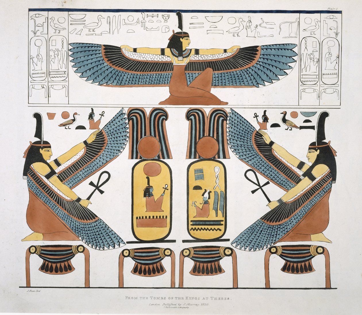 Väggmålning från kungarnas gravar i Thebe, upptäckt av G. Belzoni, plåt 3 från `Plattor Illustrative of the Researches in Egypt and Nubia`, graverad av Charles Hullamandel (1789-1850) 1820-22 (lit) av J. Ricci