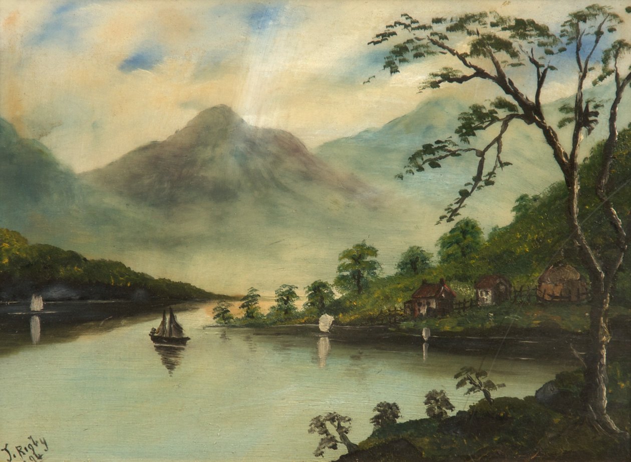 Landskap med sjö, berg och segelbåt, 1894 (olja på glas) av J. Rigby
