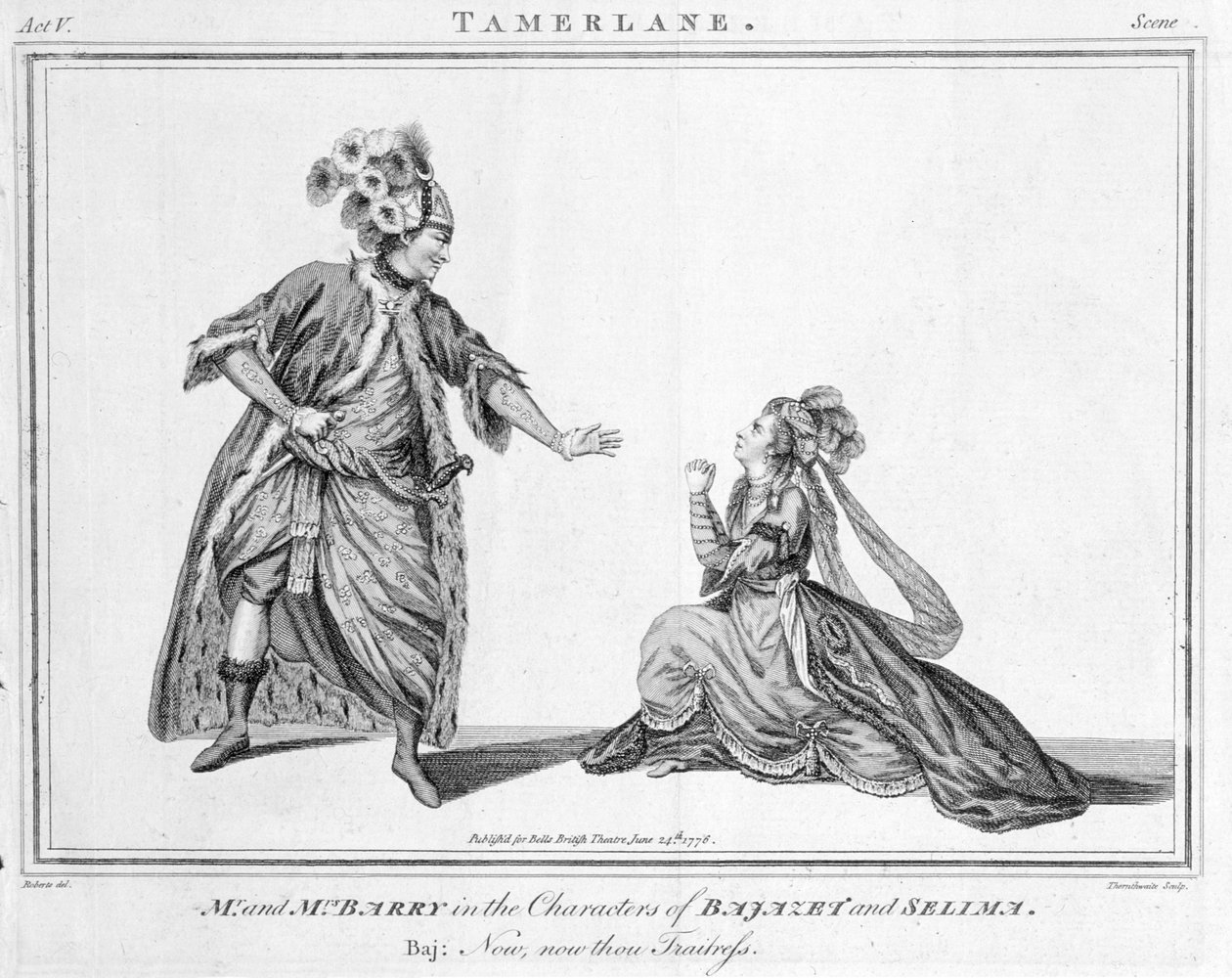 "Now, now, thou traiteress", scen från Tamerlane av Nicholas Rowe, 1776 av J. Roberts