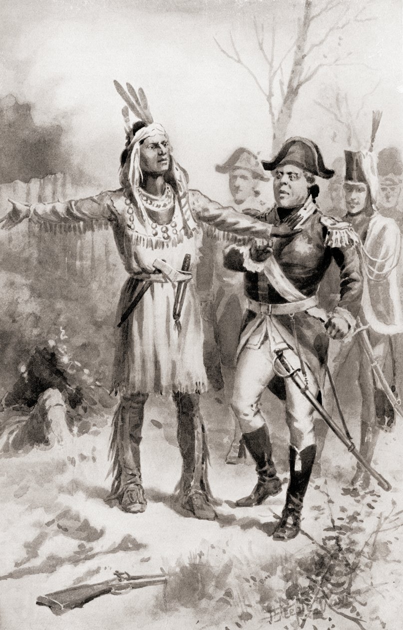 Tecumseh tillrättavisar general Proctor för att ha retirerat under slaget vid Themsen, alias slaget vid Moraviantown, som var en del av kriget 1812, från The History of Our Country, publicerad 1905 (lit av J. Steeple Davis
