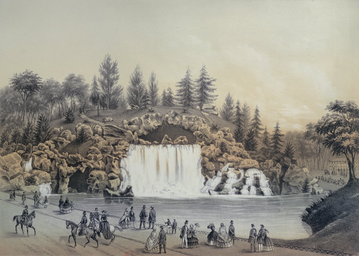 Den stora kaskaden i Bois de Boulogne i Paris, publicerad av Caudrilier, 1860 av J. Walter