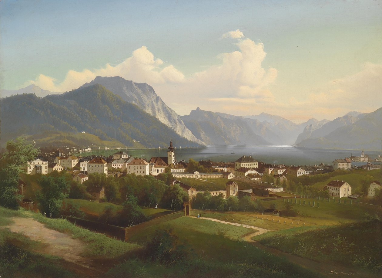 Utsikt över Gmunden och Orth Castle vid sjön Traunsee av J. Wilhelm Jankowsky
