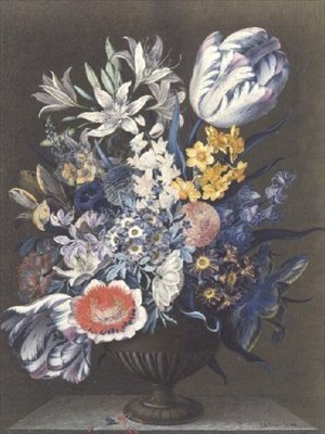 Urna med blommor på ett marmorbord av J.A. Simson