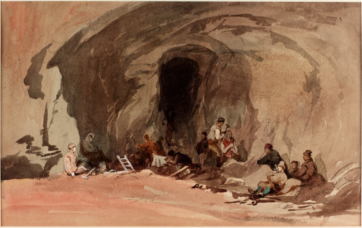 Gruvarbetare, Entrance to an Iron Mine, 1845 (penna & wc på papper (på kort)) av J.B. Brown