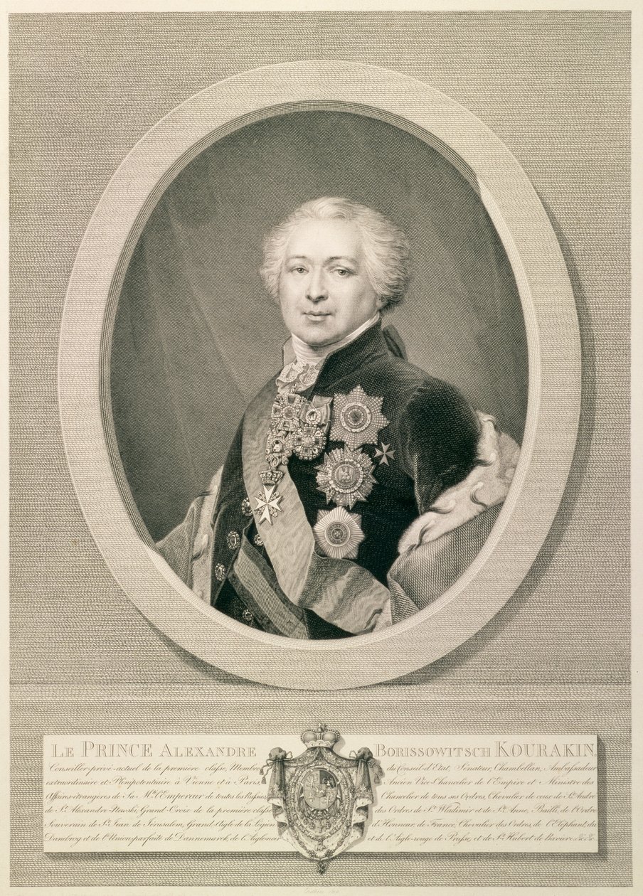 Porträtt av prins Kurakin, graverat av Nikolai Ivanovitj Utkin (1780-1863), 1812 (etsning med gravyr) av J.B. Renu
