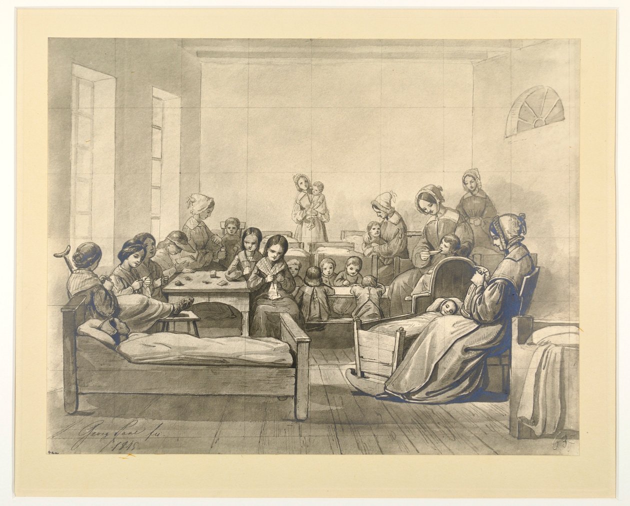 Kinder-Kranken-Saal, Församlingsscen med barn och diakonissor i Kaiserswerth, 1845 av J.B. Sonderland