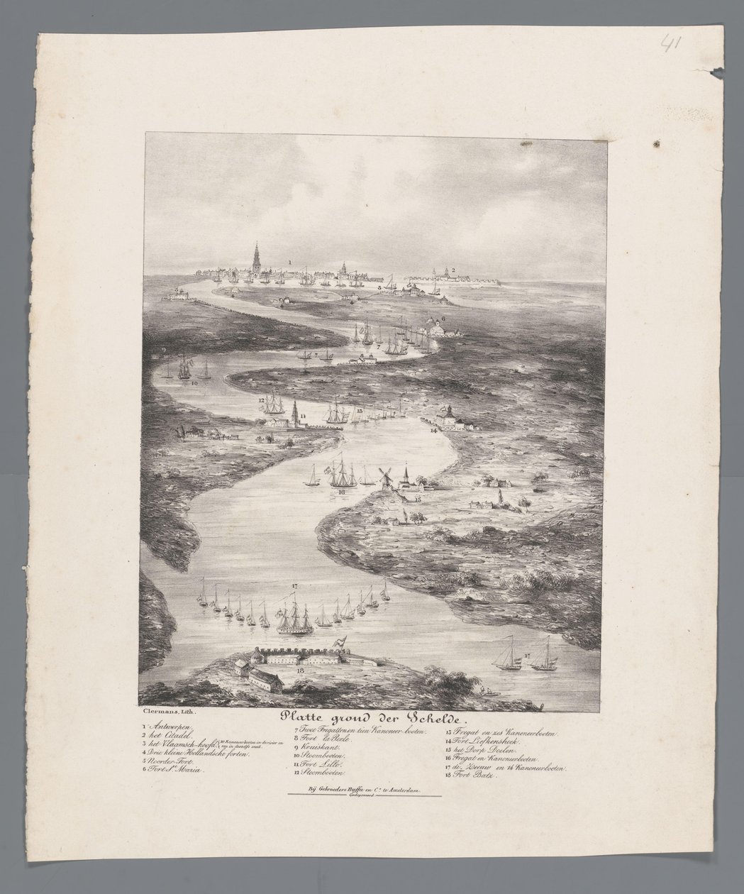 Walk of the Schelde från Fort Bath till Antwerpen, 1832 Karta över Schelde (titel på objekt) av J.B. Clermans