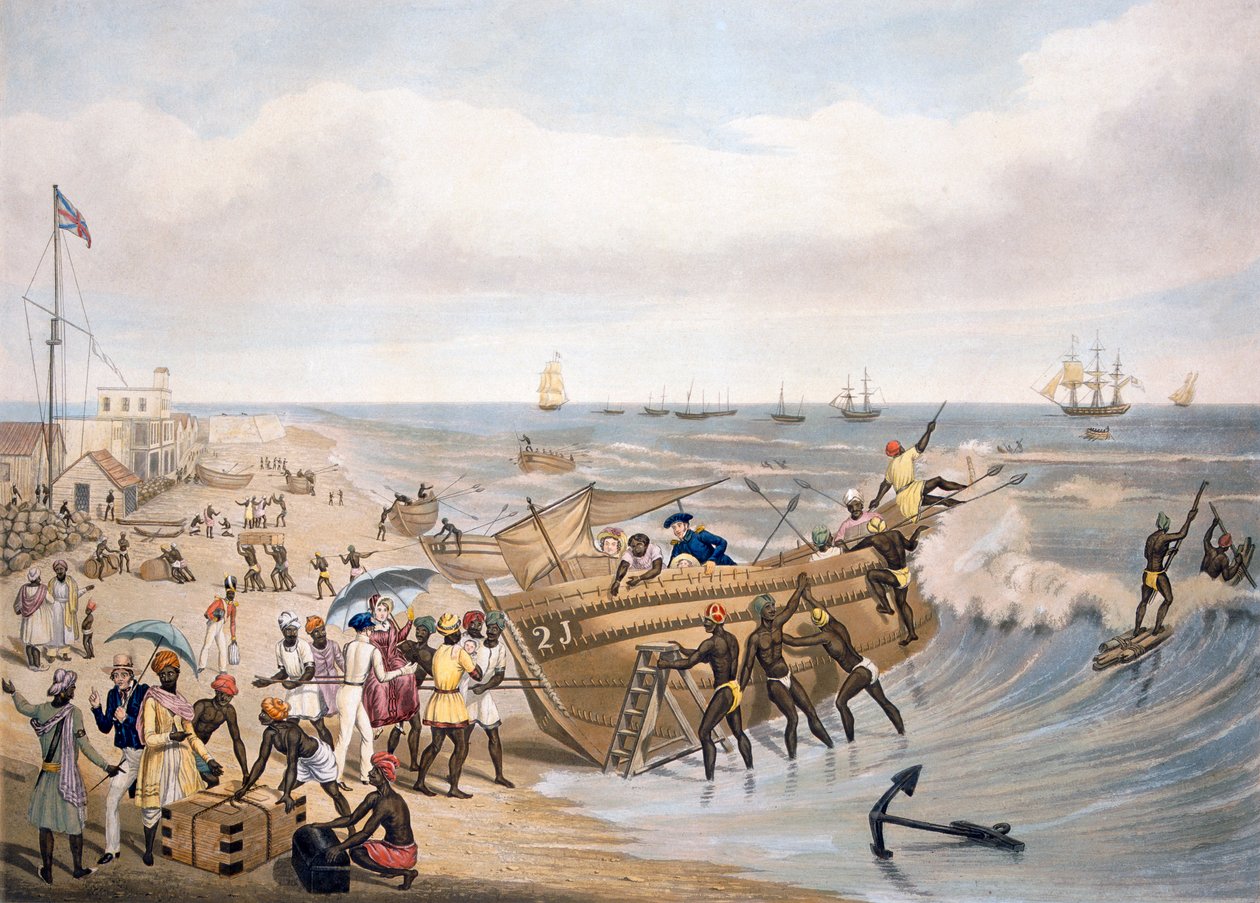 Madras, embarkering, graverat av C. Hunt, 1856 av J.B. East