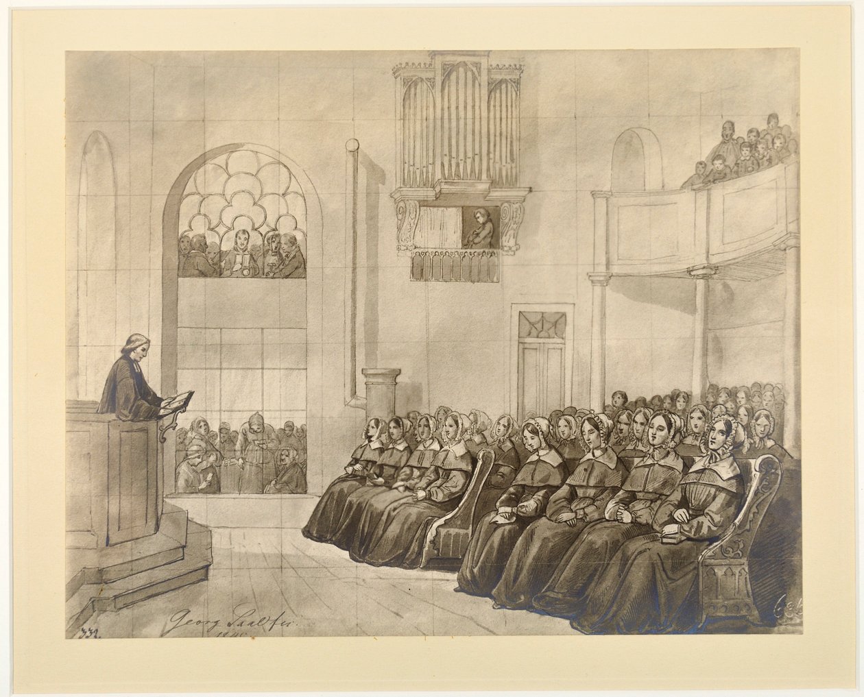 Diaconissen-Kirche, pastor Fliedner predikar för diakonissorna i kapellet i Kaiserswerth, 1840 av J.B. Sonderland