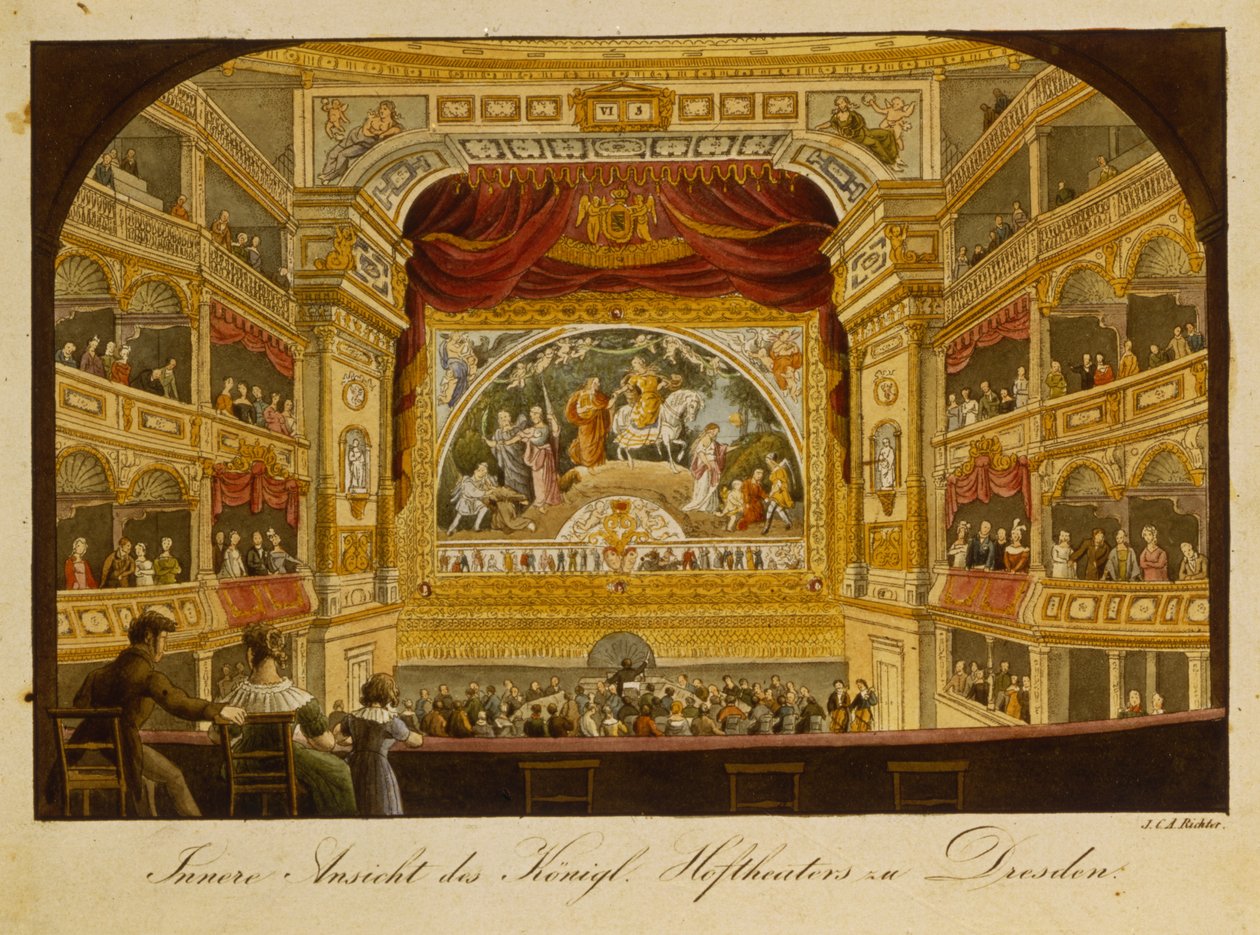 Interiören av den kungliga teatern i Dresden, ca 1845 (handfärgad gravyr) av J.C.A. Richter