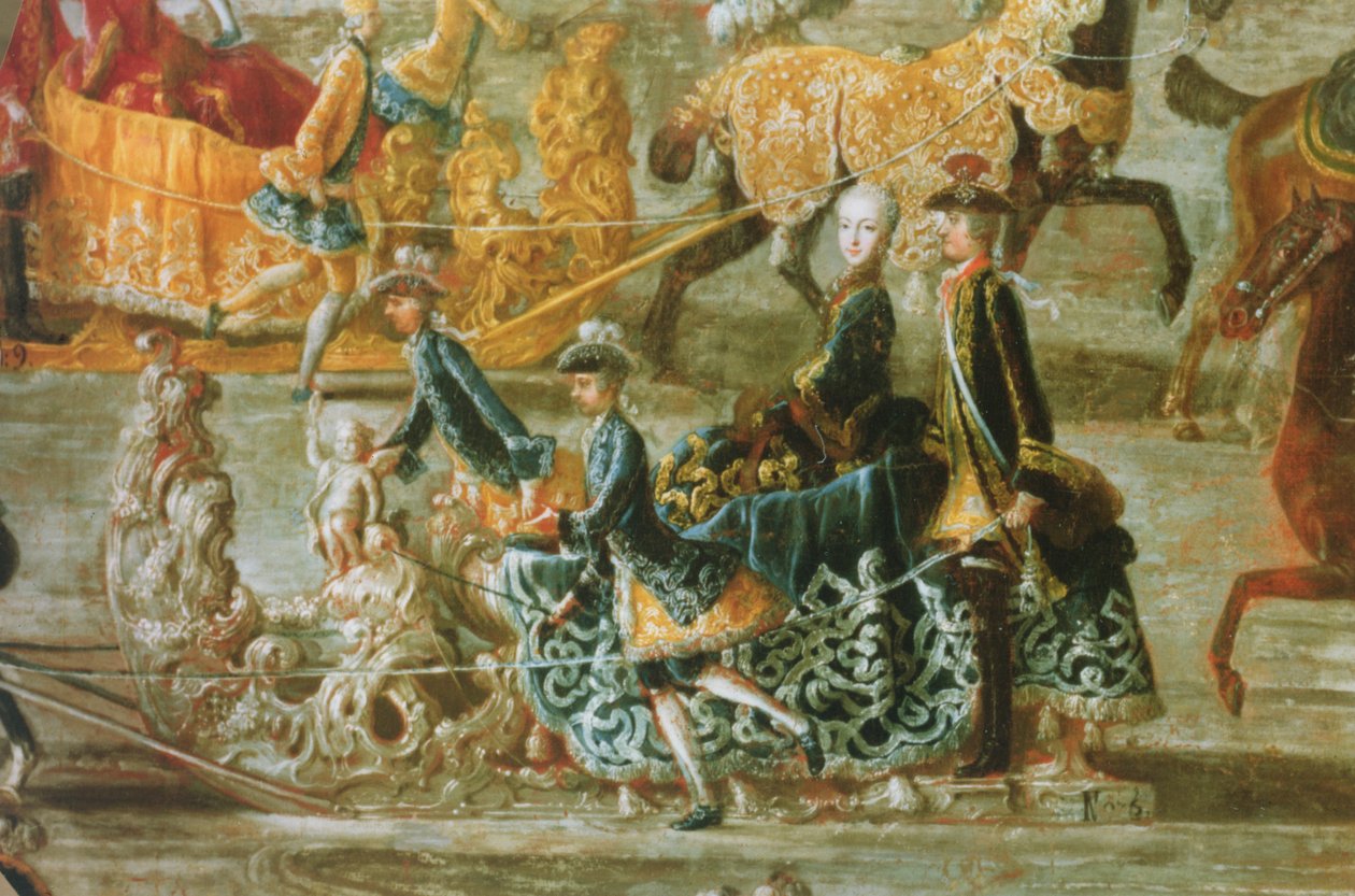 Den kejserliga slädfärden med anledning av kejsar Josef II av Österrikes äktenskap med hans andra fru Maria Josepha von Bayern: detalj av en släde (se även 87694) av J.C. Auerbach