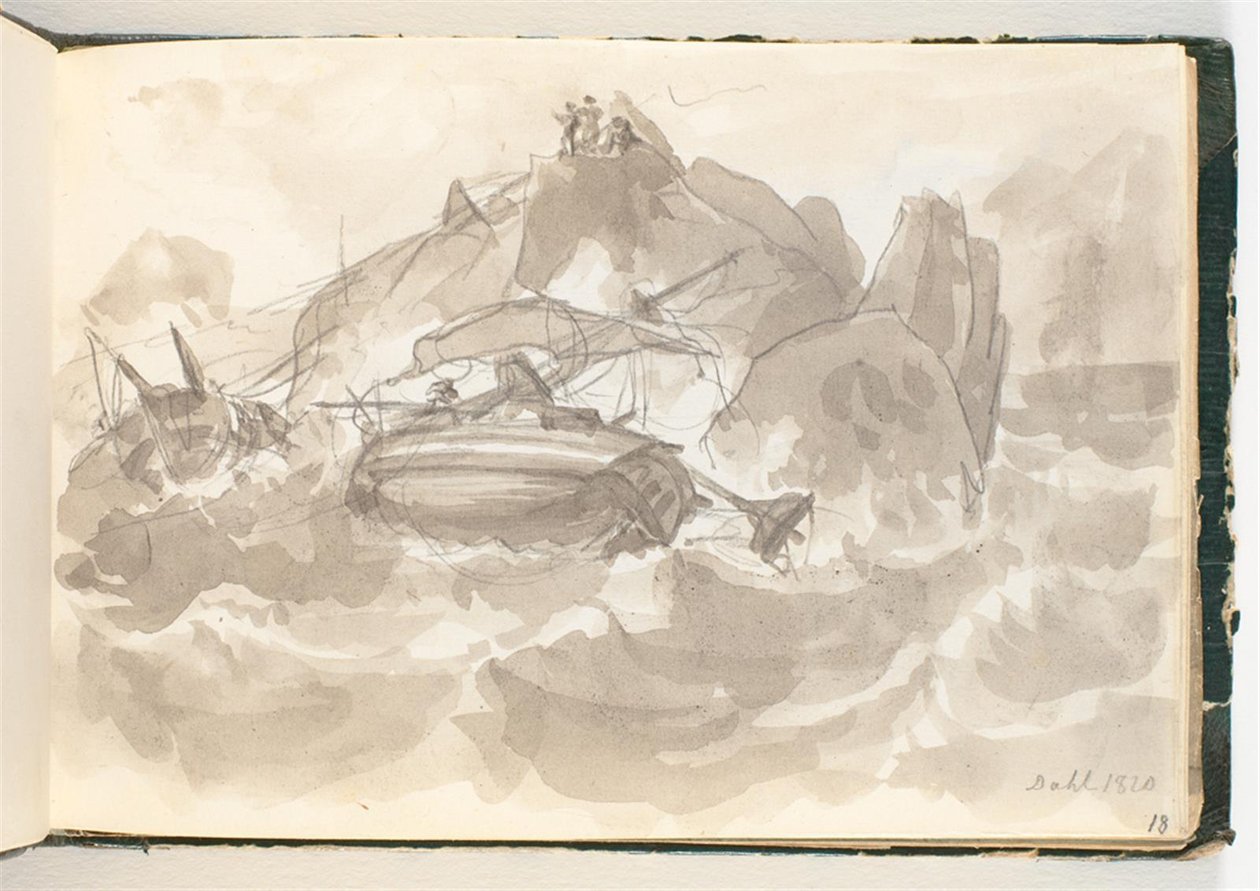 Skeppsbrott på en stenig kust. Vissa män står på en sten och tittar på av Johan Christian Dahl