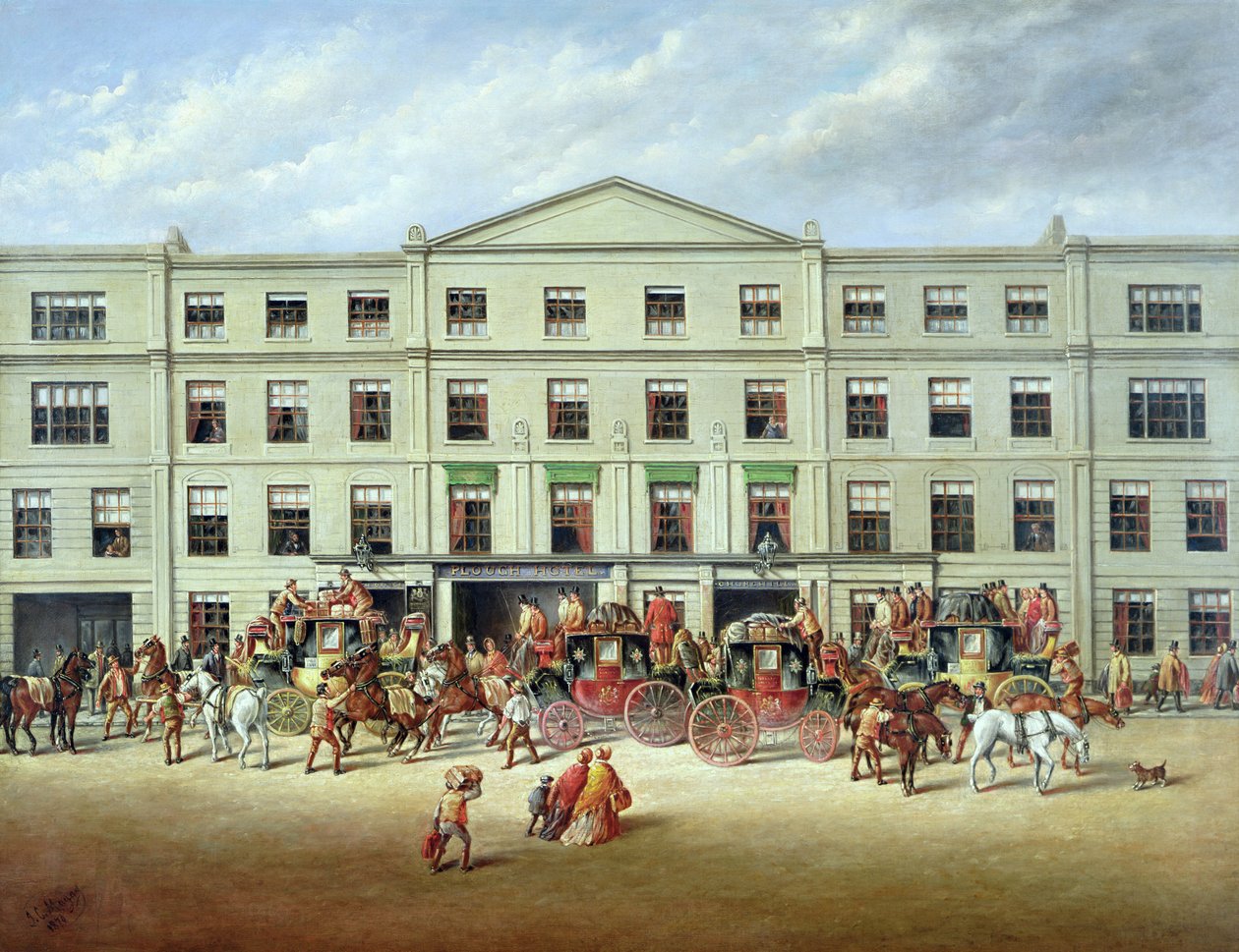 Byta hästar utanför Plough Inn, Cheltenham, 1870 av J.C. Maggs