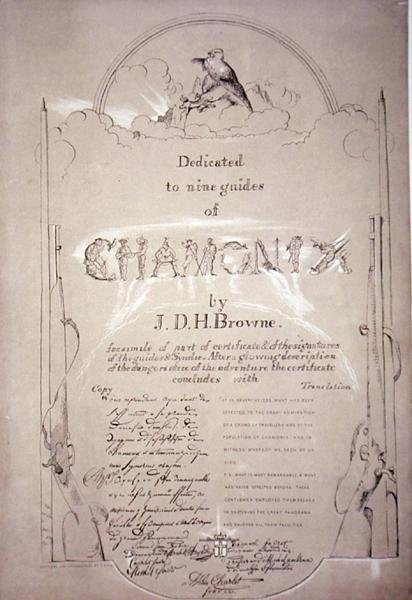 Dedikation till de nio guiderna i Chamonix på expeditionen, från "Tio scener i Mont Blancs sista uppstigning inklusive fem utsikter från toppen", av J.D.H. Browne, publicerad 1853 (litho) av J.D.H. Browne