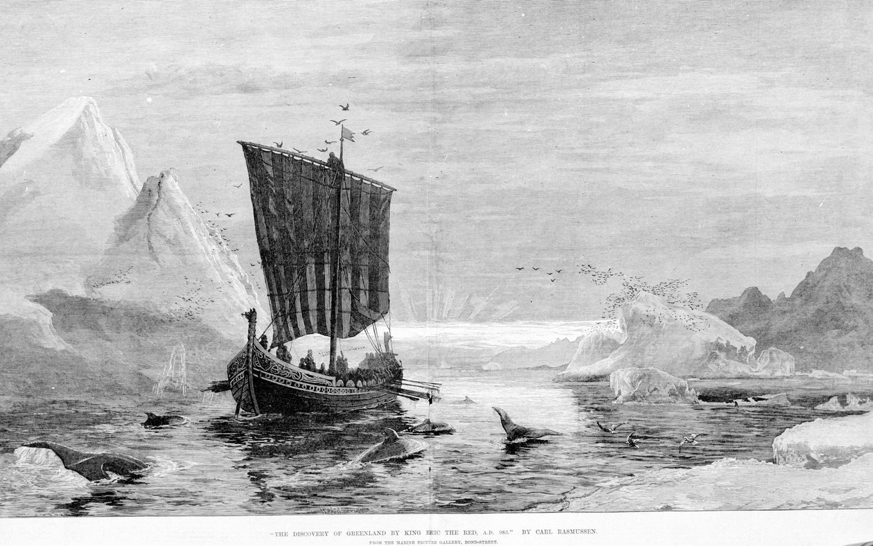 Upptäckten av Grönland av Erik den Röde på 900-talet av C. Rasmussen. The Marine Picture Gallery, Bond Street. av J.E. Carl Rasmussen