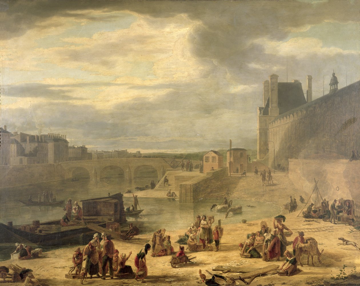Utsikt över Louvrens stora galleri, Tuilerierna och Pont Royal, c.1795 av J.F. De Pelchin