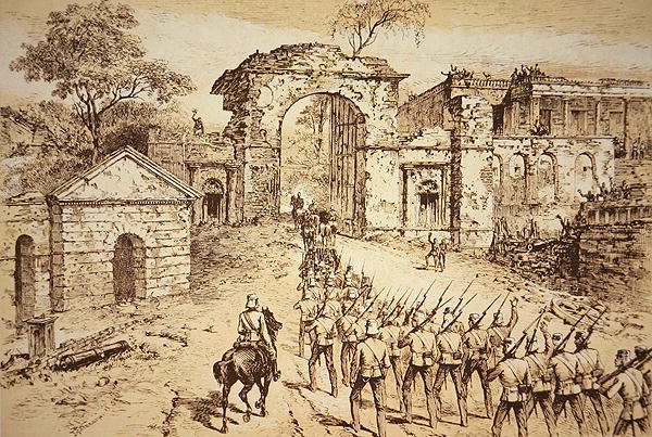 General Outram gick in i försvaret av residencyen, Lucknow, den 25 september 1858, i spetsen för Havelocks hjälpstyrka (litho) av J.F. (after) Weedon