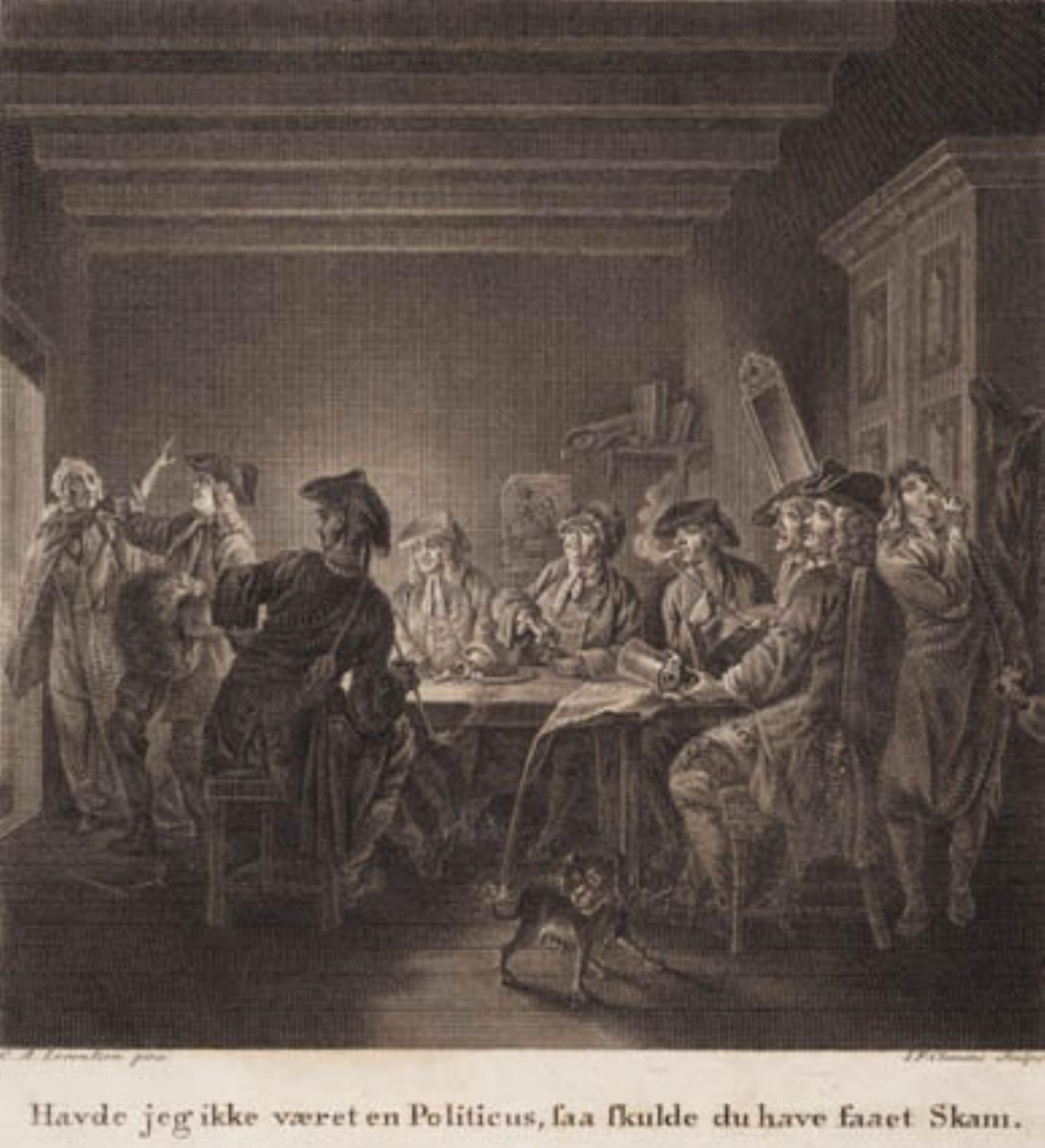 Den politiska kannan. "Hade jag inte varit politiker skulle du ha skämts." Gravyr efter Lorentzens Holberg Galleri. av J.F. Clemens