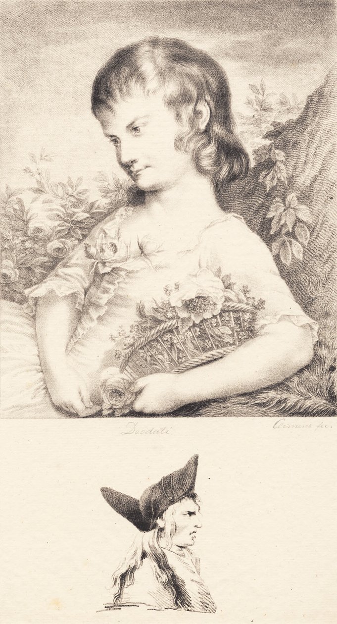 En liten flicka med en korg med blommor och en mans porträtt av J.F. Clemens