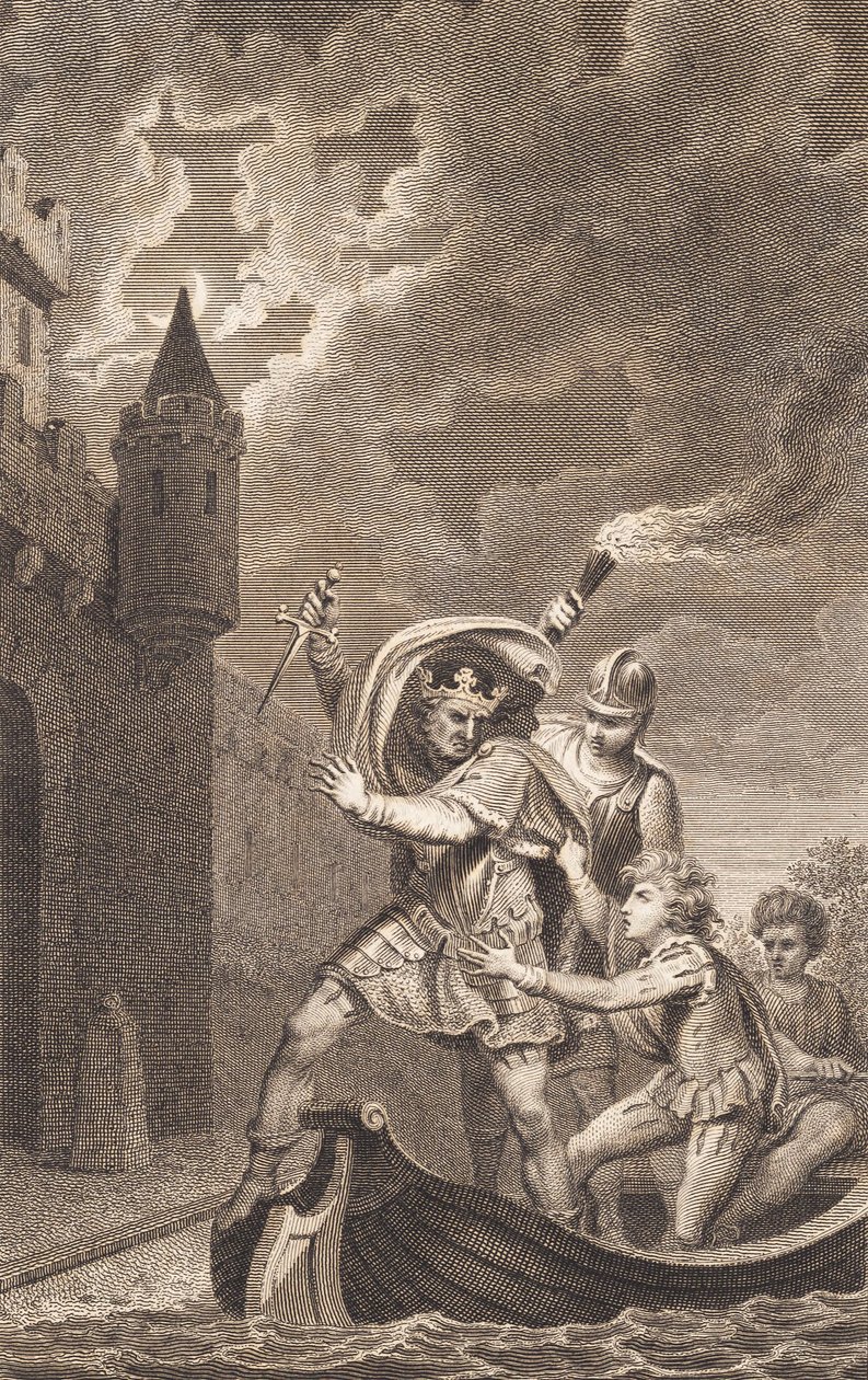 Illustration. En kung med upphöjd dolk och tre personer i en båt av J.F. Clemens