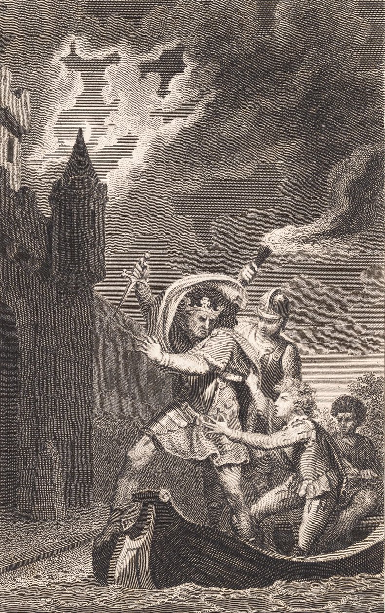Illustration. En kung med upphöjd dolk och tre personer i en båt av J.F. Clemens