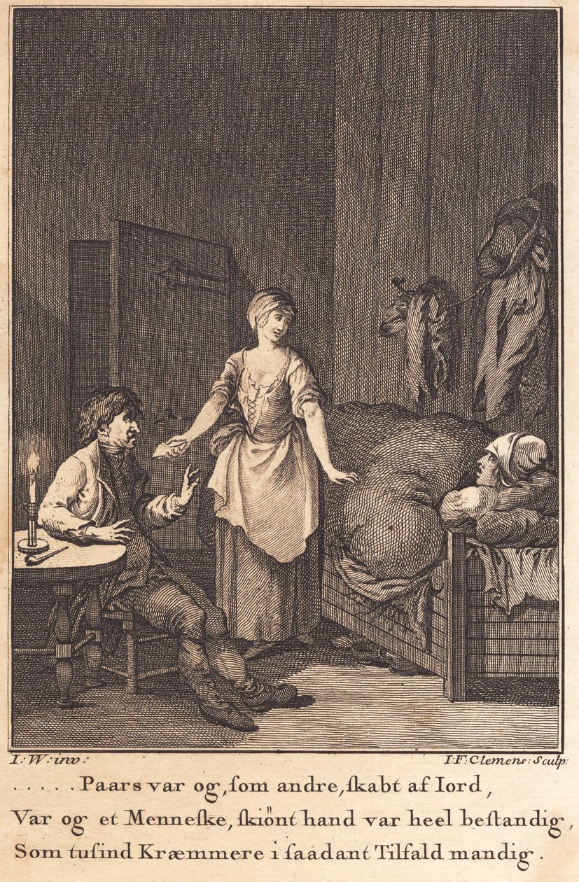 Kocken Marthe kommer in i vardagsrummet hos Peder Paars och Per Ruus av J.F. Clemens