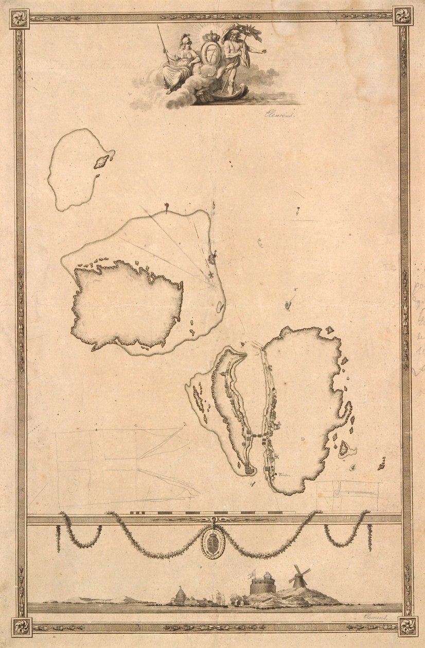 Titelvinjett och prospekt för karta över Christiansø av J.F. Clemens