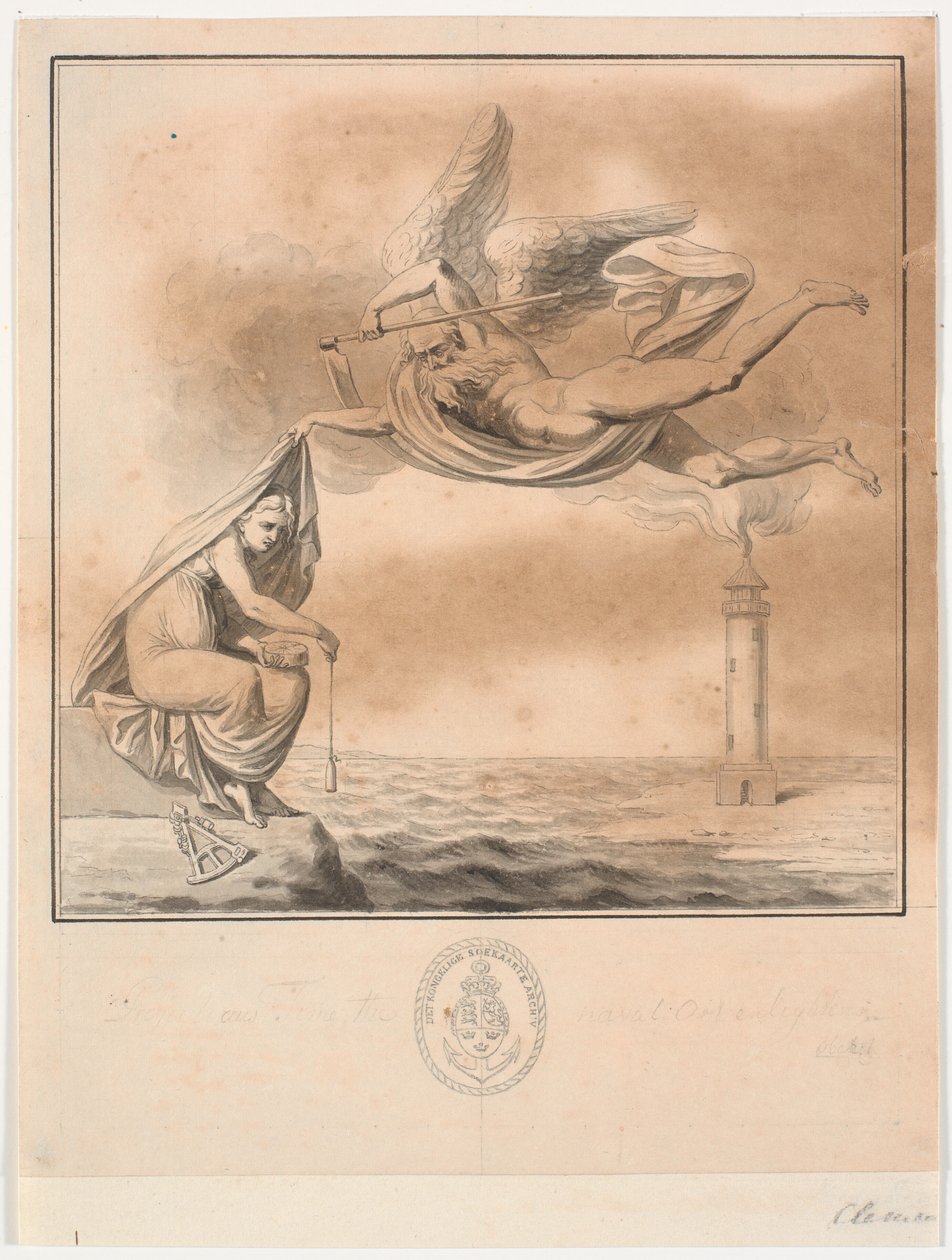 Utkast till titelkopparplåt till P. Løvenørns Guidance for the Sailing in the Kattegatte av J.F. Clemens