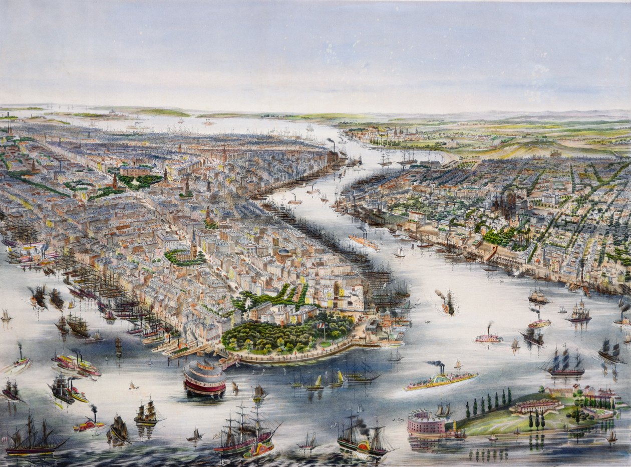 Fågelperspektiv av New York och Brooklyn, tryckt av I. Schaerer av J.H. Lochner