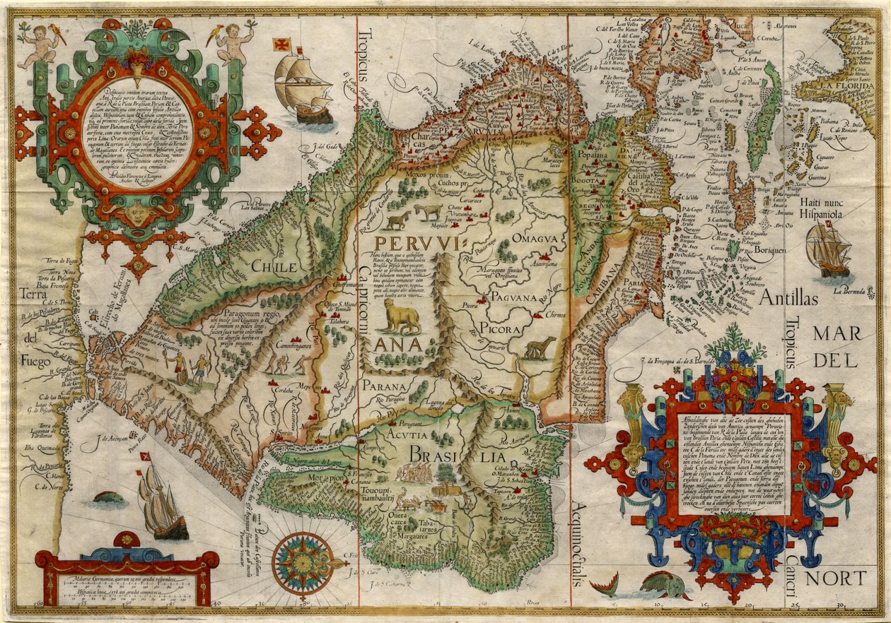 Delineatio omnium orarum totius Australis parties Americae..., ca 1596 (handkolorerad kopparstick) av J.H. & van Langren A.F. (1571-1644) Linschoten