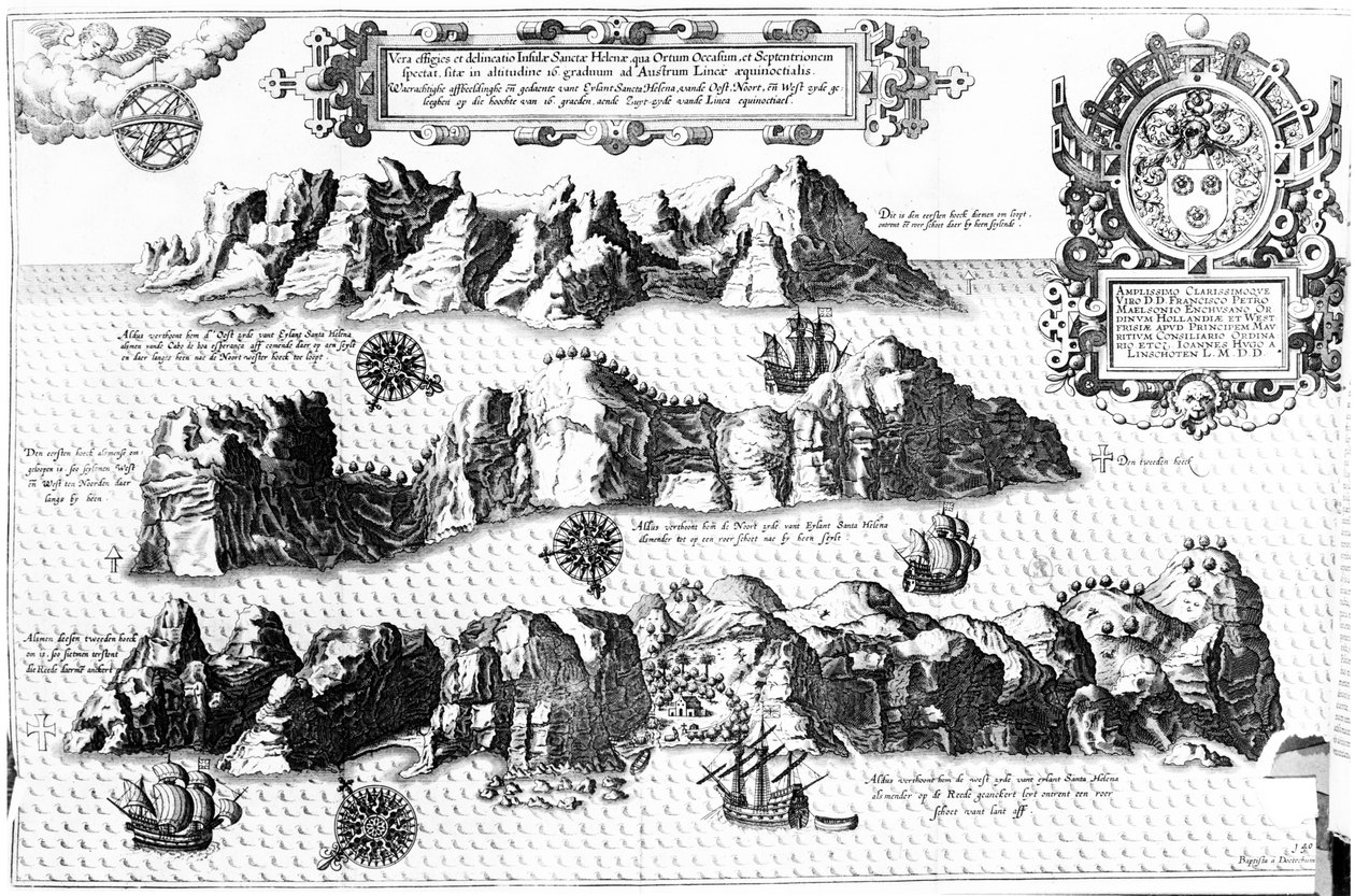 Ön Saint Helena, illustration från Linschoten Itinerario, 1596 av J.H. van Linschoten