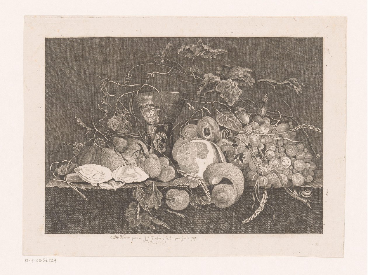Stilleben med frukt och ostron Galerie des peintres flamands, hollandais et allemands de Le Brun (serietitel) av J.L.L.C. Zentner