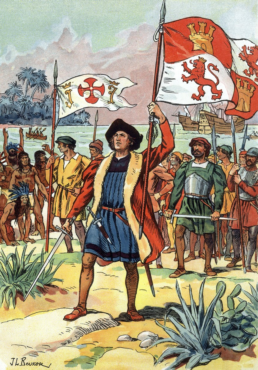 1492: Christopher Columbus anländer till Amerika med spansk flagga av J.L Beuzon (fl.1880 1940)