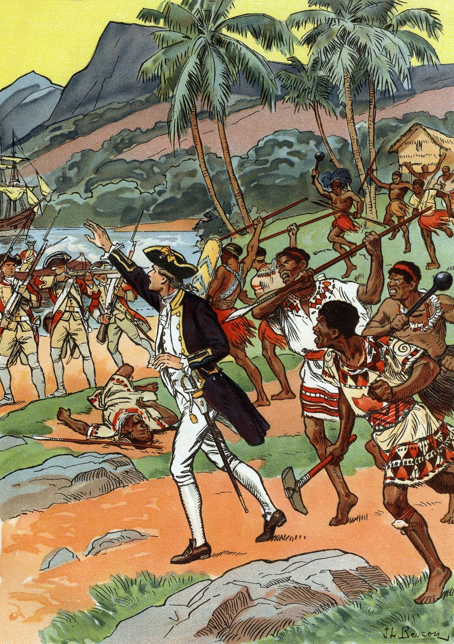 James Cooks död dödad av lokalbefolkningen på Hawaii av J.L Beuzon (fl.1880 1940)