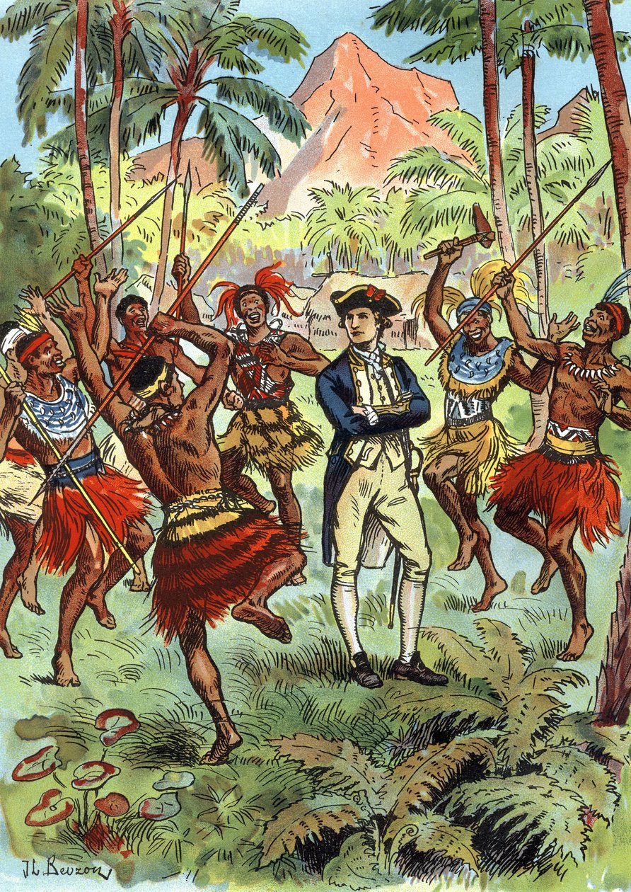James Cook (1728-1779) och lokalbefolkningen på Hawaii av J.L Beuzon (fl.1880 1940)