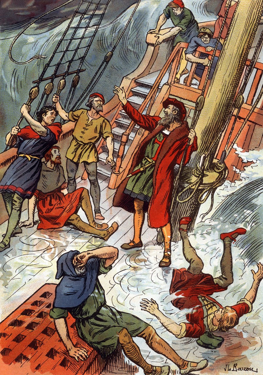 Vasco de Gama här under en storm vid Godahoppsudden i Sydafrika av J.L Beuzon (fl.1880 1940)