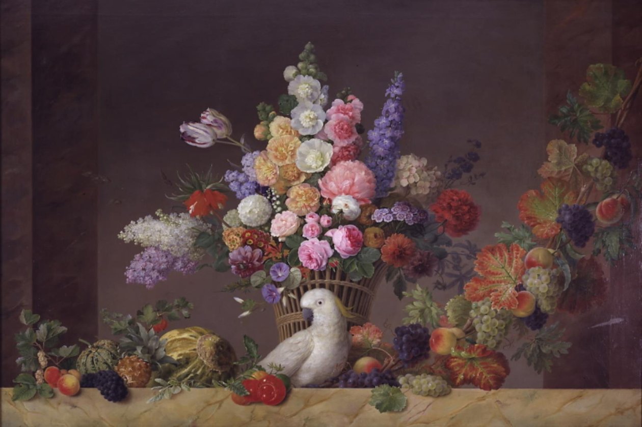 En korg med blommor, en kakadua och en fruktranka av J.L. Camradt