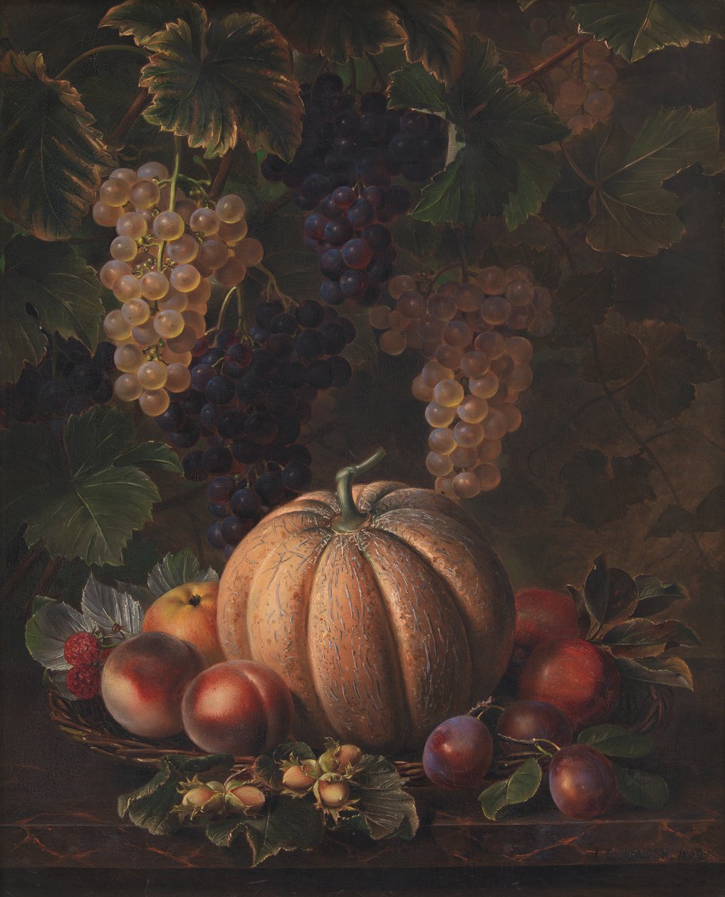 Olika frukter, inklusive melon och vindruvor av J.L. Jensen