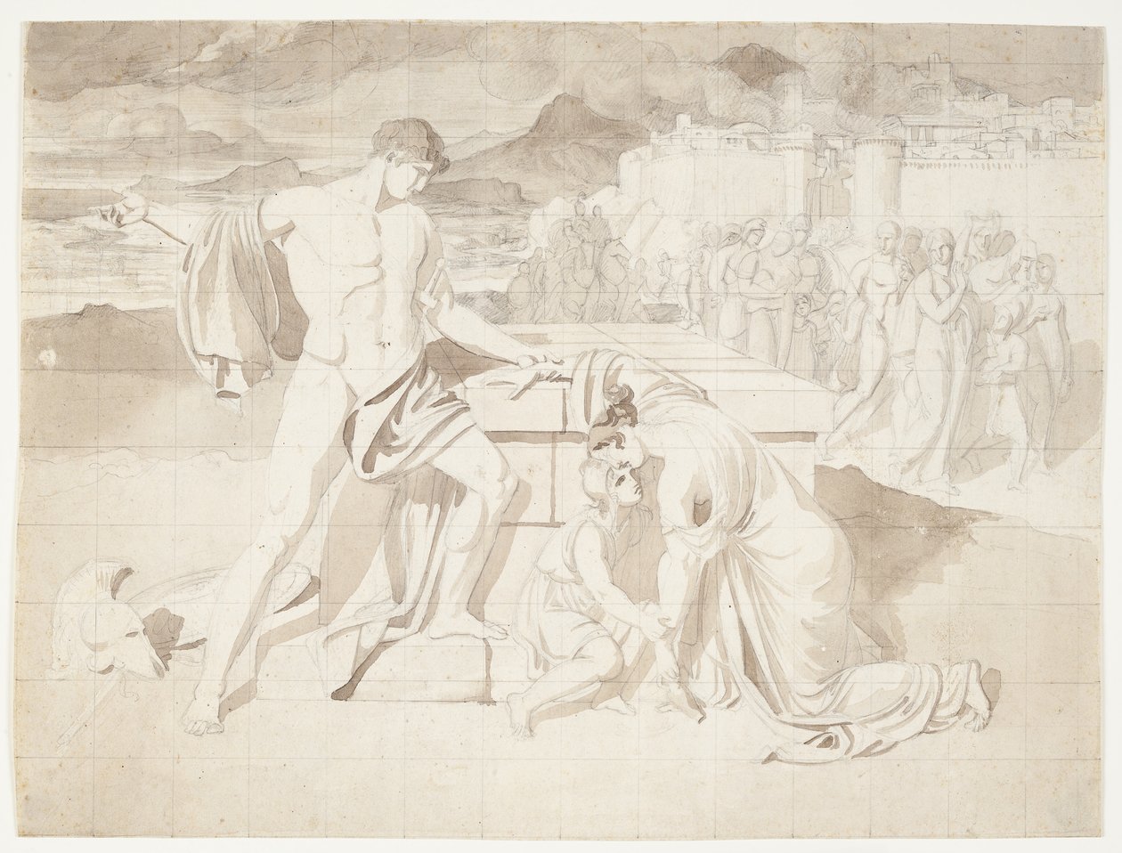 Andromache och sonen Astyanax med Pyrrhus vid Hectors sarkofag av J.L. Lund