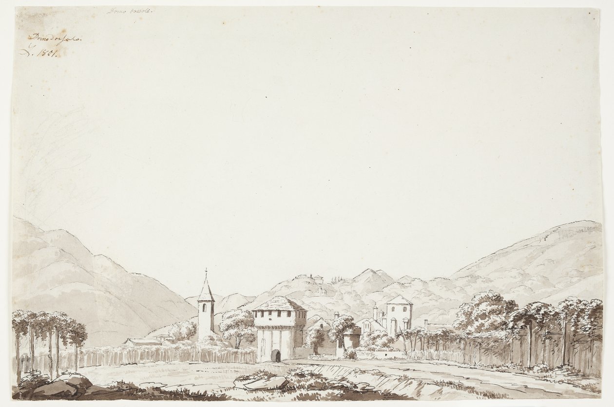 Landskap från Domodossola i Schweiz med kyrka och vakttorn av J.L. Lund
