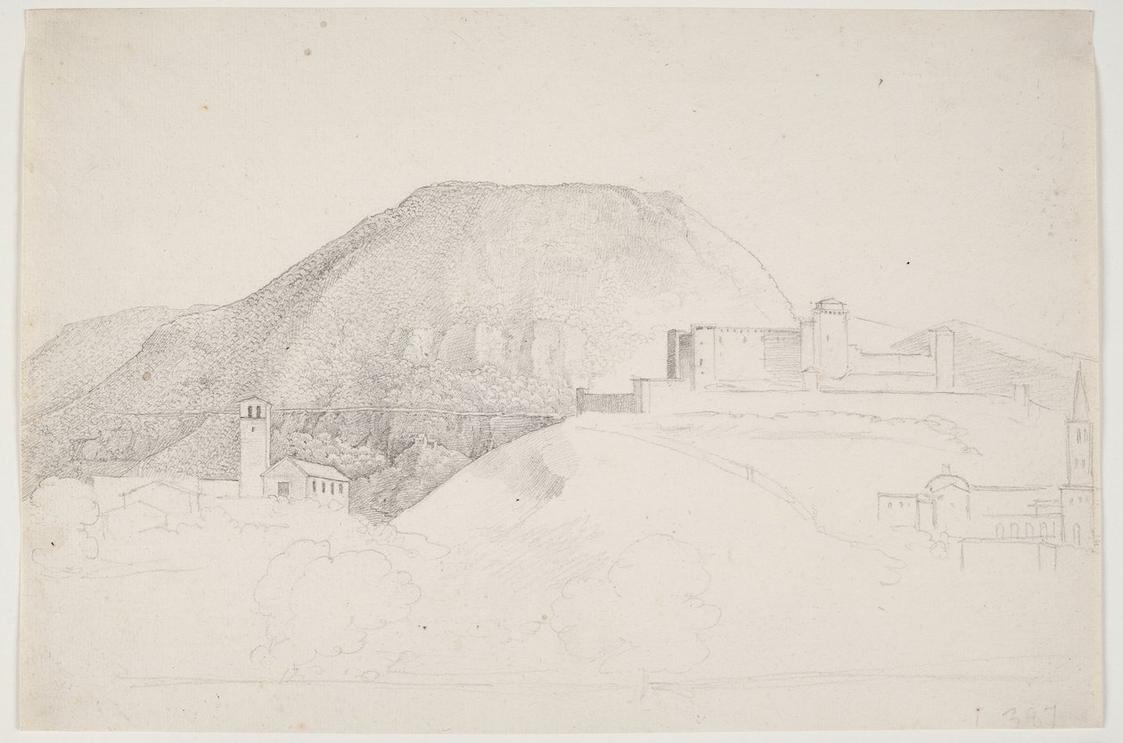 Landskapsstudie med berg och byggnader. Spoleto, Italien av J.L. Lund