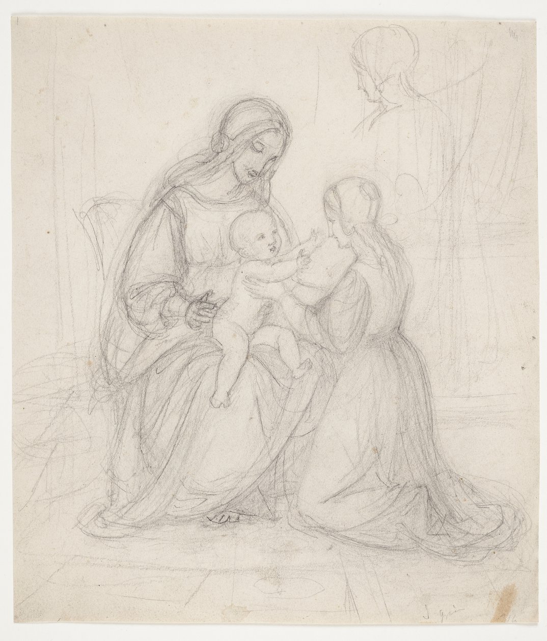 Sittande Madonna med barn och knästående kvinna av J.L. Lund