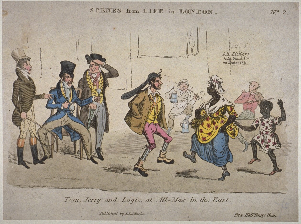 Figurer som dricker och dansar på Coach and Horses på Nightingale Lane, illustration från "Life in London" av Pierce Egan (handfärgad etsning) av J.L. Marks
