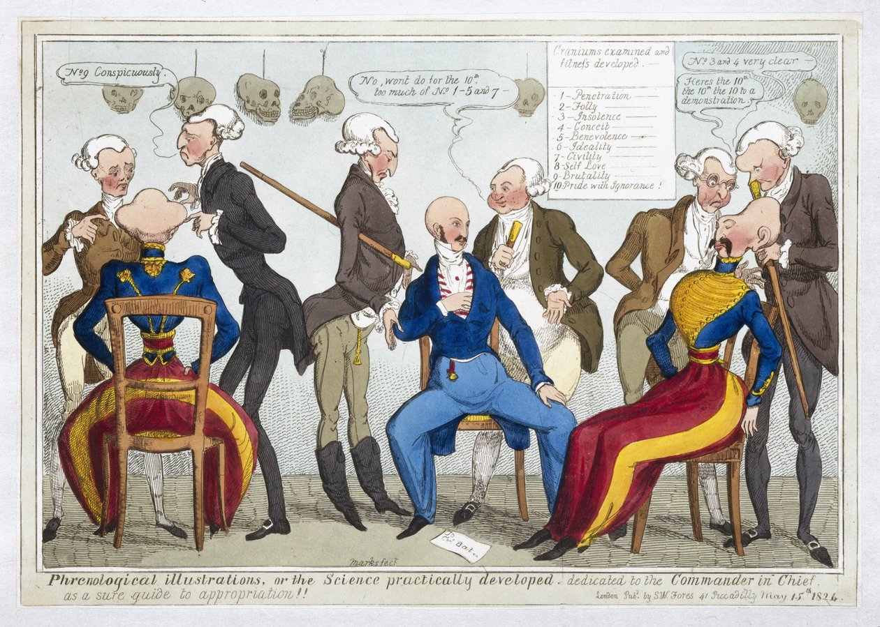 Frenologiska illustrationer, eller vetenskapen praktiskt utvecklad, 1824 (färgad etsning) av J.L. Marks